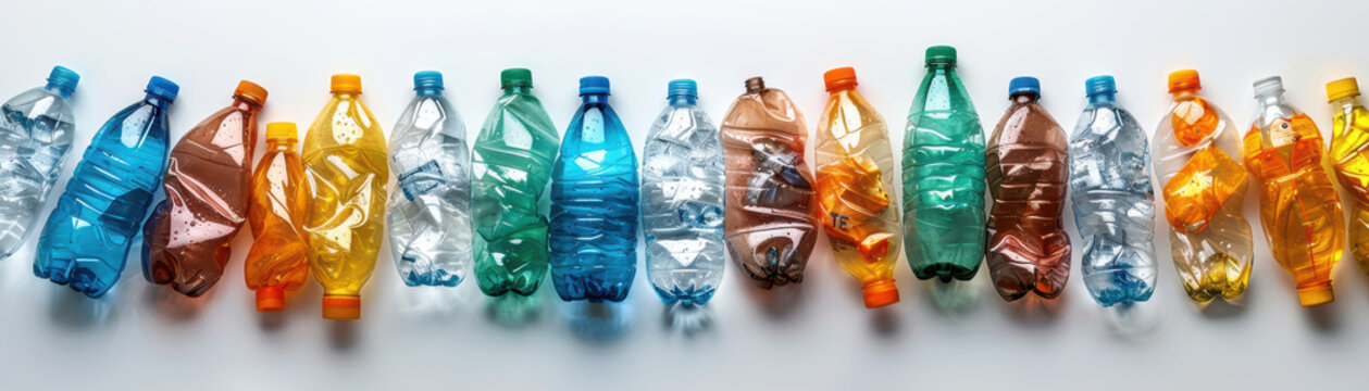 Various colorful plastic bottles lined up against a white background, representing recycling and environmental awareness.