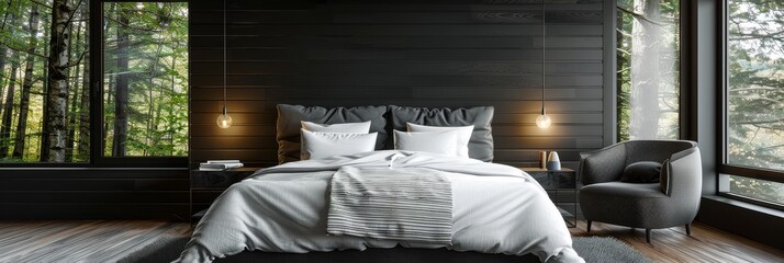 Modern bedroom with black wood paneling, white and grey striped bed linen, gray armchair, wooden floor, large window with trees outside, 3D rendering.