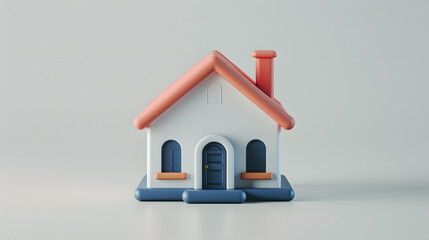 Minimalist 3D Rendering of a Small House with Chimney and Blue and Red Roof Design on Light Background