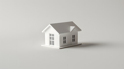 Minimalistic 3D rendering of a modern white house model with clean lines and simple architectural design on a plain background