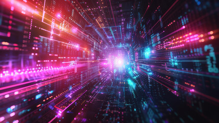Fototapeta premium Futuristic digital data stream with vibrant neon lights and abstract technology background, perfect for computer science and high-tech concept visuals.