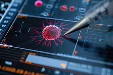 Close-up of a digital screen displaying cancer cells being analyzed, highlighting medical research and advanced technology in oncology.