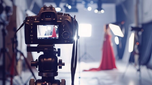 A camera on a tripod is focused on a model wearing a red dress during a photoshoot. The model is blurred and the focus is on the camera lens.