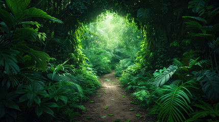 Lush green jungle path enveloped by dense foliage, leading to a sunlit clearing, creating a serene and inviting natural scene. Escape to nature and tranquility.