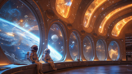 Students in astronaut suits gaze out large windows at a distant planet, stars, and a nebula while sitting on a bench in a circular classroom.