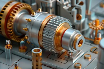 Obraz premium Close-up of a detailed industrial machine component featuring metallic gears and bolts, highlighting precision engineering and manufacturing.