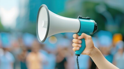 A hand holding a megaphone in a protest setting, emphasizing the act of public speaking and social activism.