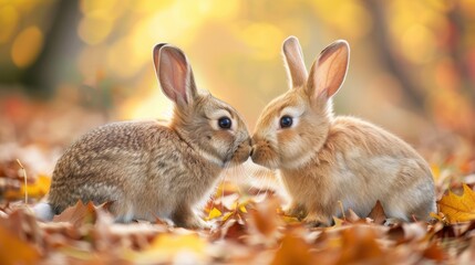 Fototapeta premium Two adorable bunnies touch noses while sitting among colorful autumn leaves, highlighting the charm of wildlife in fall.