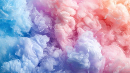 Abstract colorful fluffy clouds resembling cotton candy with a soft gradient of pastel hues, creating a dreamy and whimsical atmosphere.