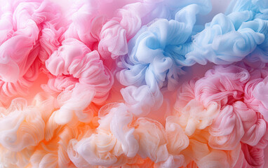 Fototapeta premium Colorful abstract cloud-like formations in soft hues of pink, blue, and orange, creating a dreamy and ethereal visual effect.