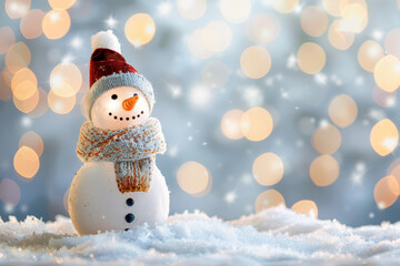 Festive snowman adorned with a hat and scarf, surrounded by a sparkling bokeh background. A perfect image capturing the magic of winter and holiday joy.