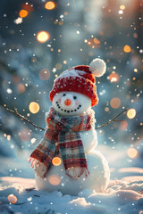 Cute snowman with a red hat and scarf, smiling in a snowy winter setting with festive bokeh lights in the background.