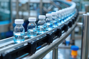 Obraz premium Assembly line with plastic water bottles in modern factory. Bottling and production process in industrial plant.