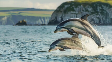 Fototapeta premium Two dolphins jumping out of blue water with a waterfall in the background