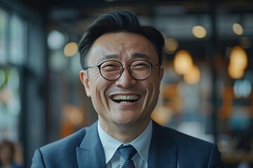 Fototapeta premium Happy Asian Business Professional Smiling Widely on office Background