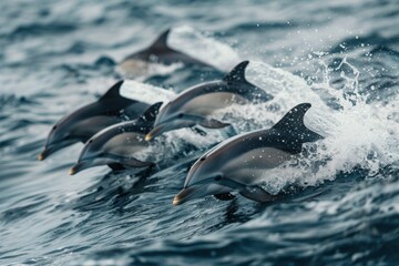 Naklejka premium A group of dolphins surf through ocean waves, showcasing their speed and coordination in the wild marine environment.