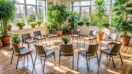 Fototapeta premium Emptied circle of chairs surrounded by comforting plants, symbolizing a safe space for people to share and support each other in rehabilitation process.