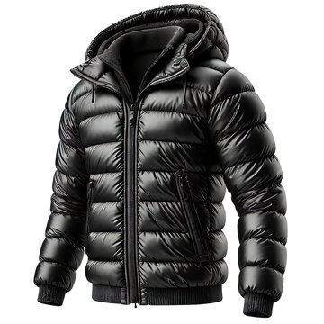Sleek black puffer jacket with a hood, designed for comfort and warmth in cold weather. Perfect for outdoor activities.