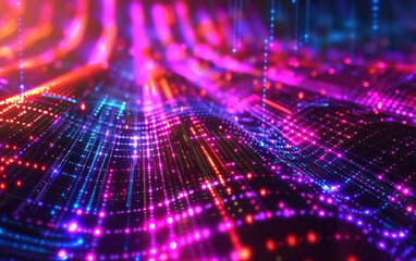 Obraz premium Vibrant abstract digital background with colorful neon lights, lines, and dots creating a futuristic, dynamic, and energetic visual pattern.