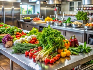Vibrant fresh vegetables, crisp greens, and artisanal garnishes artfully arranged on a sleek modern countertop, awaiting final touches in a well-equipped restaurant kitchen setting.