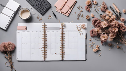 Stylish women's workspace with keyboard, weekly planner, dried flowers, office stationery on brown table. Flat lay, top view