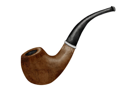 Watercolour wooden smoking pipe illustration on transparent background .