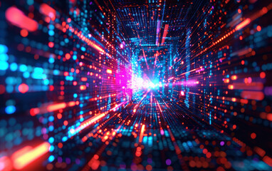 Obraz premium Futuristic digital data stream in a vibrant, colorful light tunnel, symbolizing technology, speed, and connectivity in a virtual space.