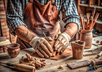 A detailed, realistic depiction of a sculptor's hands-on work, featuring clay being carefully shaped and molded on a workshop table, surrounded by tools and backdrop.