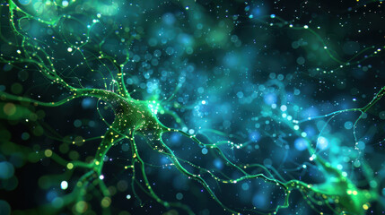 Abstract neural network visualization with glowing green and blue connections, showcasing futuristic AI technology and neural pathways.