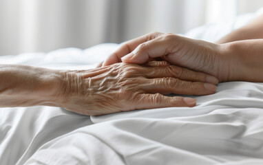 Close-up of two hands, one elderly and one young, gently holding each other on a white bed. Concept of care, support, and intergenerational connection.