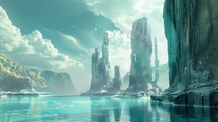 Detailed futuristic landscape with cliffs and water, emphasizing the serene and imaginative atmosphere