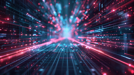 Obraz premium Futuristic digital data stream with glowing neon lines and abstract geometric patterns, representing high-speed information transfer and modern technology.