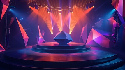 Concert stage with levitating, rotating geometric shapes
