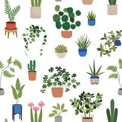 Houseplants in flowerpots seamless pattern. Trendy potted plants on a white background. Home decor flowers in pots. Flat vector illustration for packaging, textile or wallpaper.