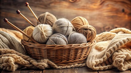 Obraz premium A cozy basket filled with yarn balls and knitting needles next to a soft knitted fabric in warm tones, knitting, yarn, balls, basket