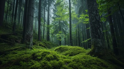 Foggy forest floor covered in lush green moss, creating mysterious atmosphere with chirping birds, lush greenery, and foggy air