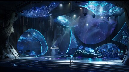 Concert stage with bioluminescent light features and organic shapes