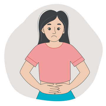 recommend clip art: Young woman is holding her belly and experiencing stomach pain. Cute sad girl has stomach or intestinal problems, vector graphic