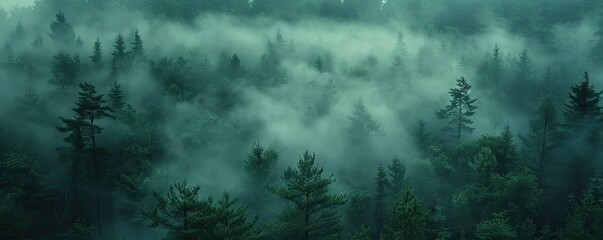 Misty forest landscape with dense fog covering evergreen trees, creating a serene and mysterious atmosphere in nature.