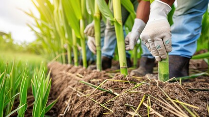 Naklejka premium Sugarcane being harvested, commodity production, sweetener consumption
