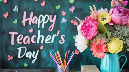 A vibrant Teacher's Day celebration scene with a bouquet of colorful flowers in a blue vase, assorted pencils in a holder, and books on a desk. Background features a blackboard adorned with hearts