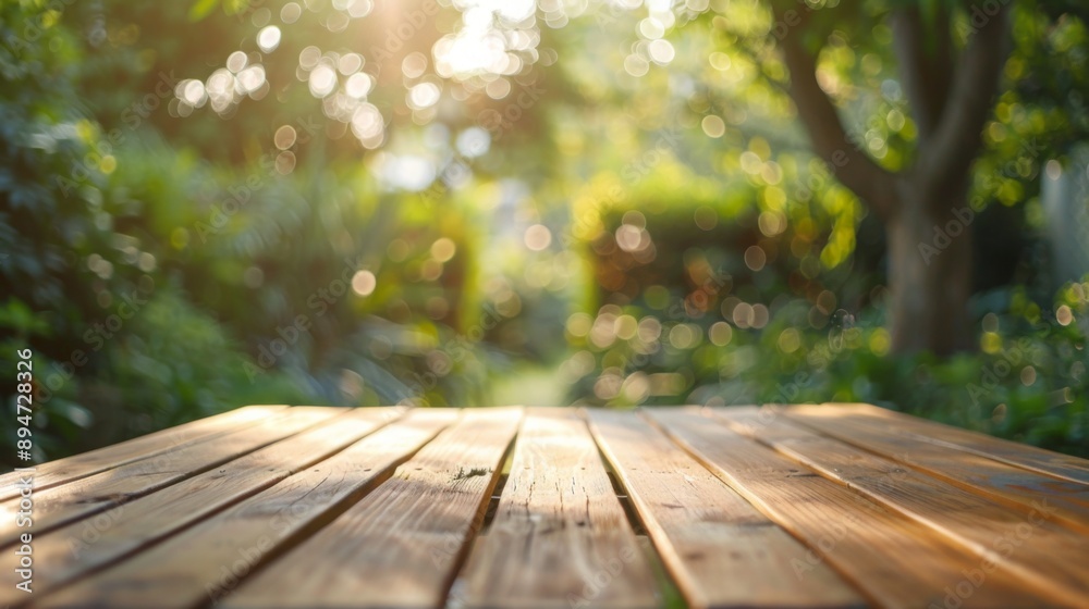 Poster a close-up of a wooden table with a blurred background of lush green foliage and dappled sunlight.