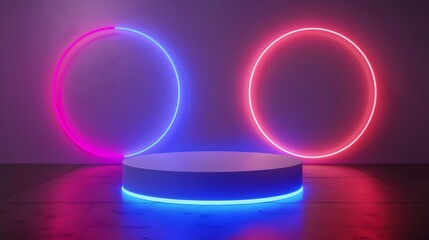 Obraz premium A vibrant display featuring a circular platform illuminated by neon pink and blue lights, perfect for modern presentations.