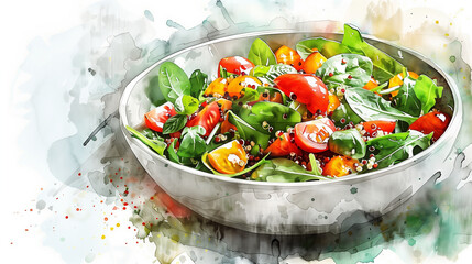 A bowl of salad with cherry tomatoes, quinoa and spinach in the style of watercolor, Generative AI