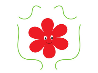 red flower with eyes and smile green stripes on a white background, 