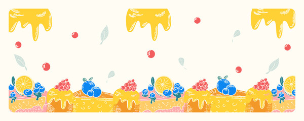 Obraz premium Cute card with sweet cakes and berry. morning breakfast. Isolated on a white background. Vector style. Greeting card, banner. Hand drawing