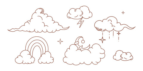 Vector cute graphic cloud set with moon, stars and rainbow.Cartoon design.