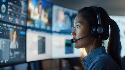 Live Chat Support. friendly customer service representative using headset and engaging with multiple chat windows on large screen. modern call center, digital communication and client support.
