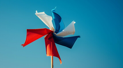 A vibrant pinwheel with red, white, and blue fabric blades spins gently against a clear blue sky. Perfect for patriotic celebrations and festive occasions.