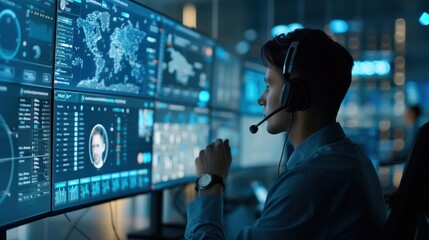 Live Chat Support. friendly customer service representative using headset and engaging with multiple chat windows on large screen. modern call center, digital communication and client support.